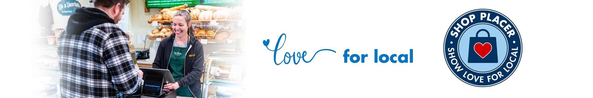 Image of a male customer and female clerk at a register with the shop placer slogan and blue logo. 